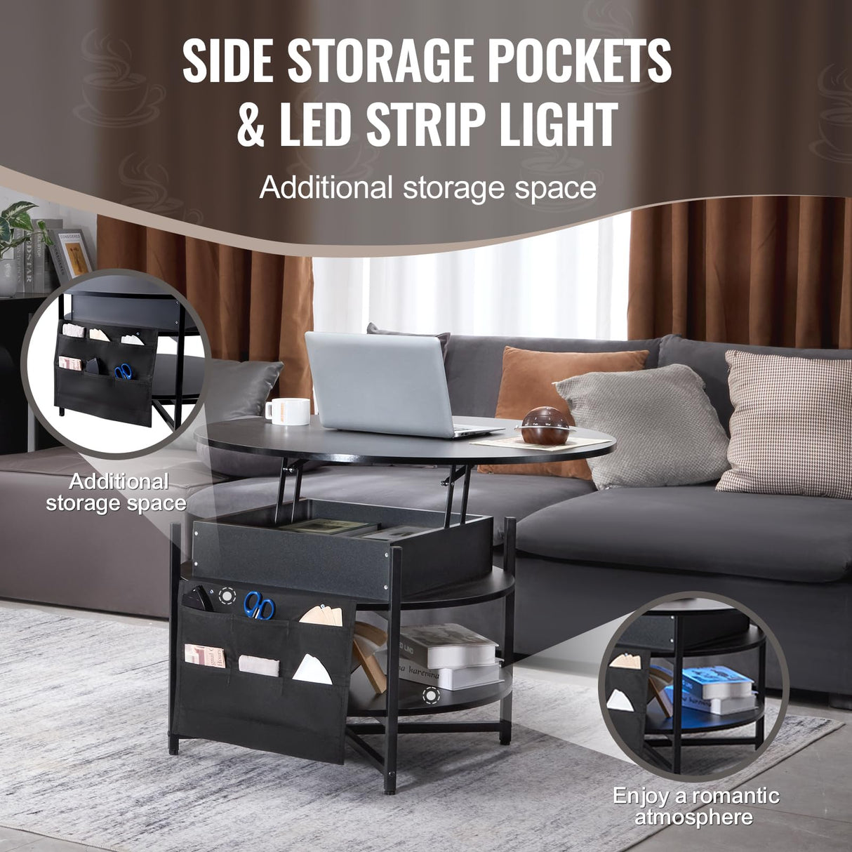 VEVOR Round Lift Top Coffee Table for Living Room, 35.3 in Round Coffee Table with Storage and Hidden Compartment, Circle Coffee Table with LED Light, Black VEVOR