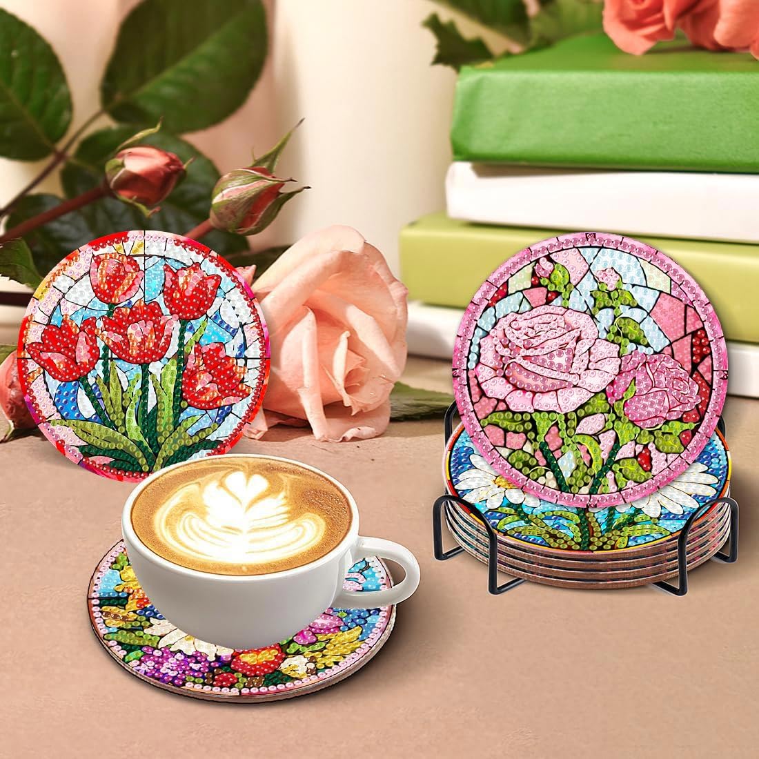 8 Pcs Flower Diamond Painting Coasters Kit with Holder, DIY Flowers Diamond Coaster Non-Slip Coaster for Adults, Crystal Full Drill Rhinestone Diamond Art Diamond Painting Kit Supplies LWZAYS