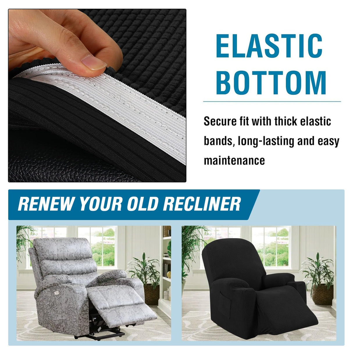 H.VERSAILTEX Stretch Couch Cover Recliner Cover Electric Power Lift Recliner Chair Cover Fitted Standard Large Power Lift Recliner with Side Pocket, Soft Thick Jacquard(Single Seat, Black) H.VERSAILTEX