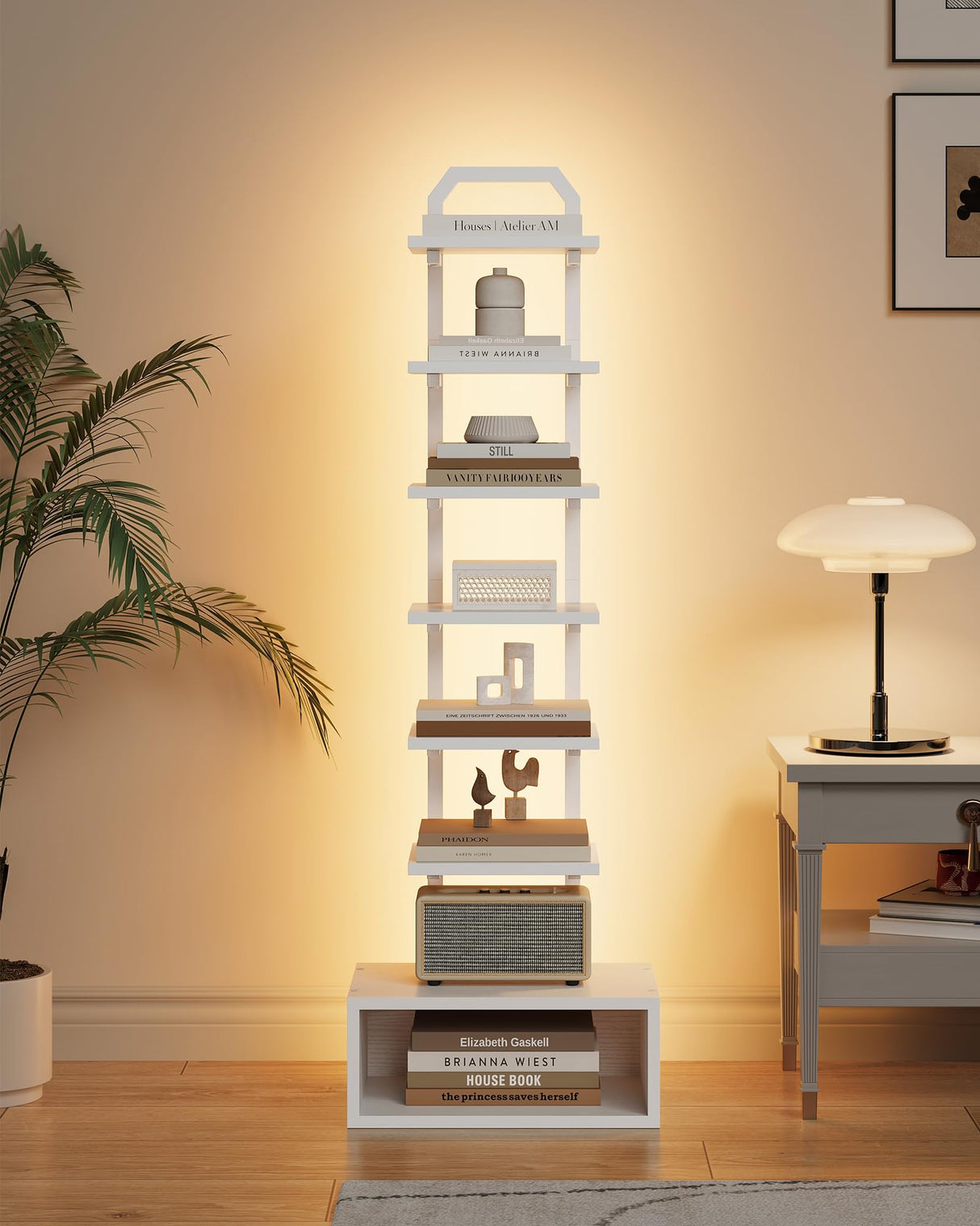 CHOEZON 8-Tier Bookshelf, LED Bookcase with Semi-Open Bottom, Small Space Standing Shelf with Lights, Corner Storage Stand, for Living Room, Home Office, Bedroom, White TSJ08DWB CHOEZON