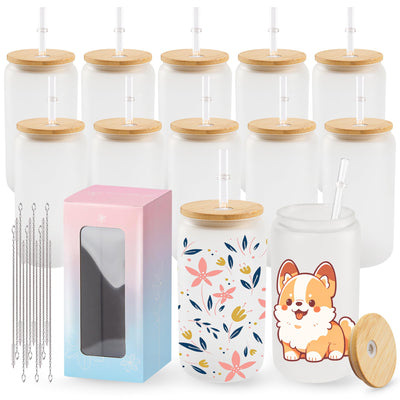 Joyclub 12 Pack Frosted Sublimation Glass Cups with Lids and Straws 16oz, Sublimation Glass Tumbler Blanks Beer Can Shaped Mugs for Iced Coffee Smoothie Soda Boba Tea Cocktail Gift