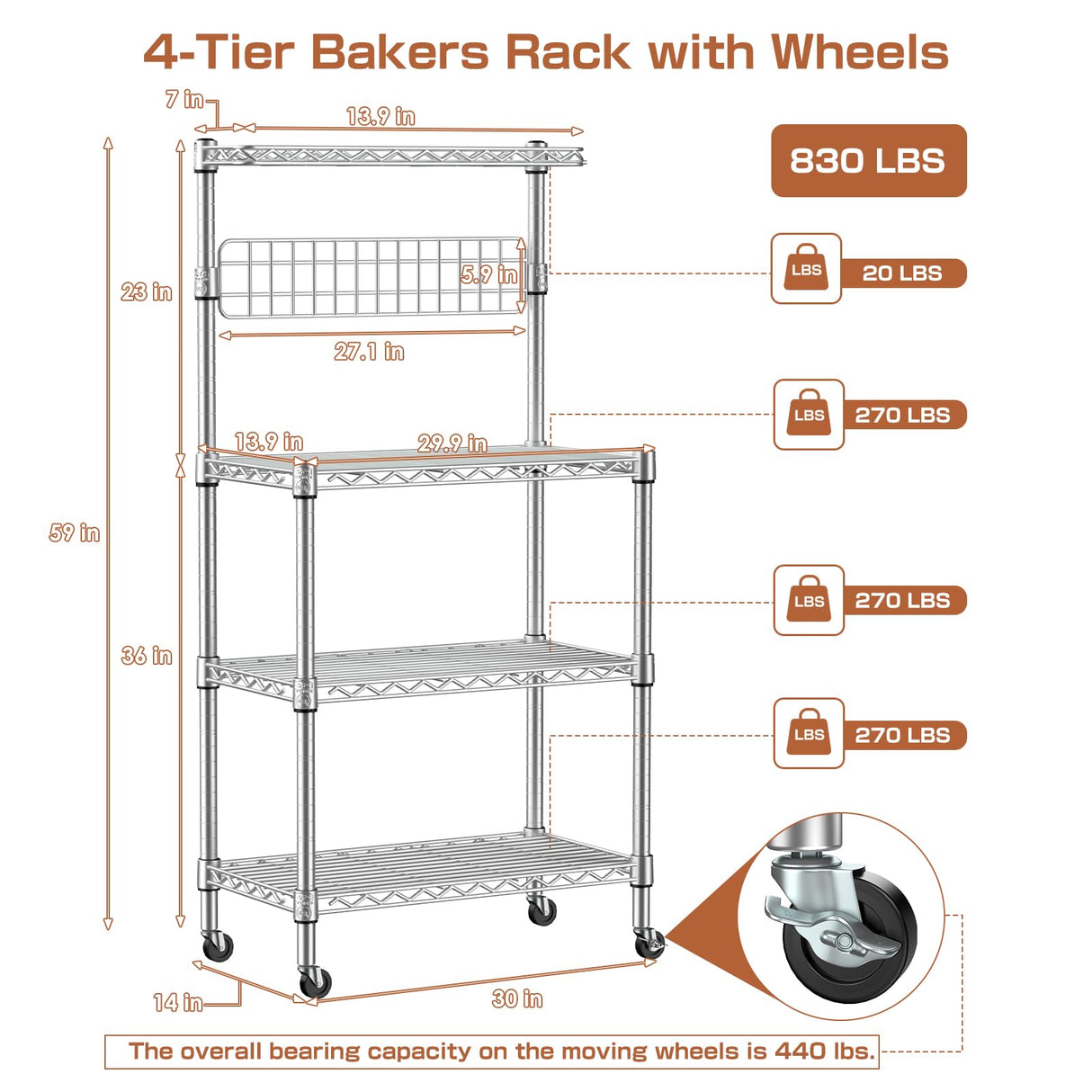 Leteuke Bakers Rack for Kitchen with Storage, NSF Certified 4-Tier Adjustable Coffee Bar with Wheels 10 S-Hooks Microwave Stand Kitchen Storage Shelf Metal Storage Rack 30 x 14 x 59 Inches, Chrome Leteuke
