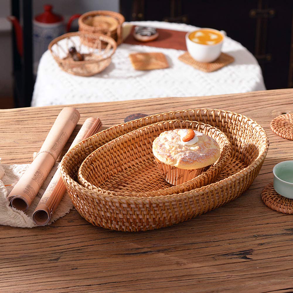 i-lan Handwoven Bread Serving Basket Bowls, Wicker Oval Fruit Bowl, Serving Bread Basket Set, Food Storage Bowl for Bread, Snack, Vegetable, Natural Brown (S: 10") i-lan