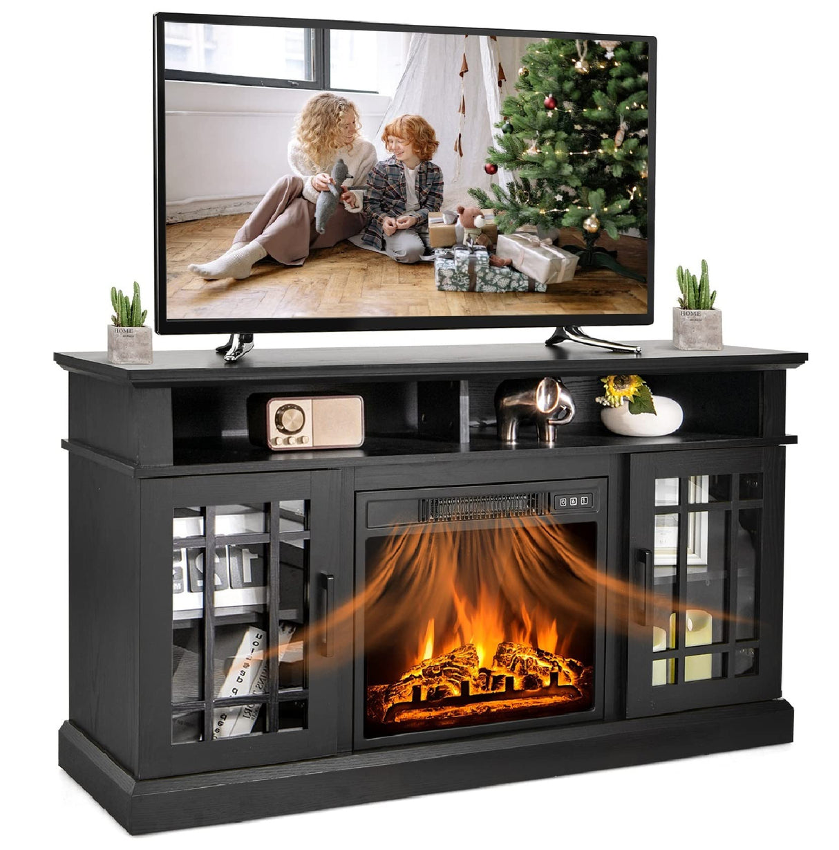 SIMOE Modern 48 Inch Electric Fireplace TV Stand, TV Console for TVs with 18 Inch Fireplace up to 55 Inch with 2 Open Shelves and Cabinets w/Doors, Remote Control, Black SIMOE