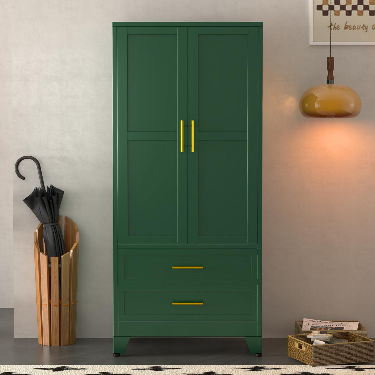 Metal Wardrobe Closet with 2 Doors & 2 Drawers, 71" Tall Armoire Wardrobe Closet with Hanging Rods and Adjustable Shelf, Steel Wardrobe Storage Cabinet for Bedroom-Green winiowa
