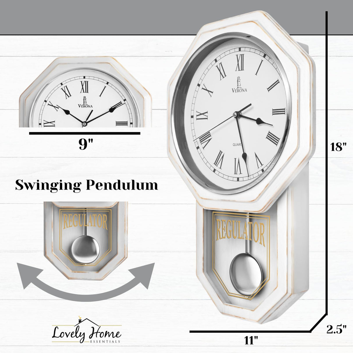 White Pendulum Wall Clock - Rustic Wooden Farmhouse Wall Clock - Regulator Clock Battery Operated - Wood Pendulum Clock - Decorative Wall Clocks for Living Room Decor, Home, Office and Gift 18x11 Lovely Home Essentials