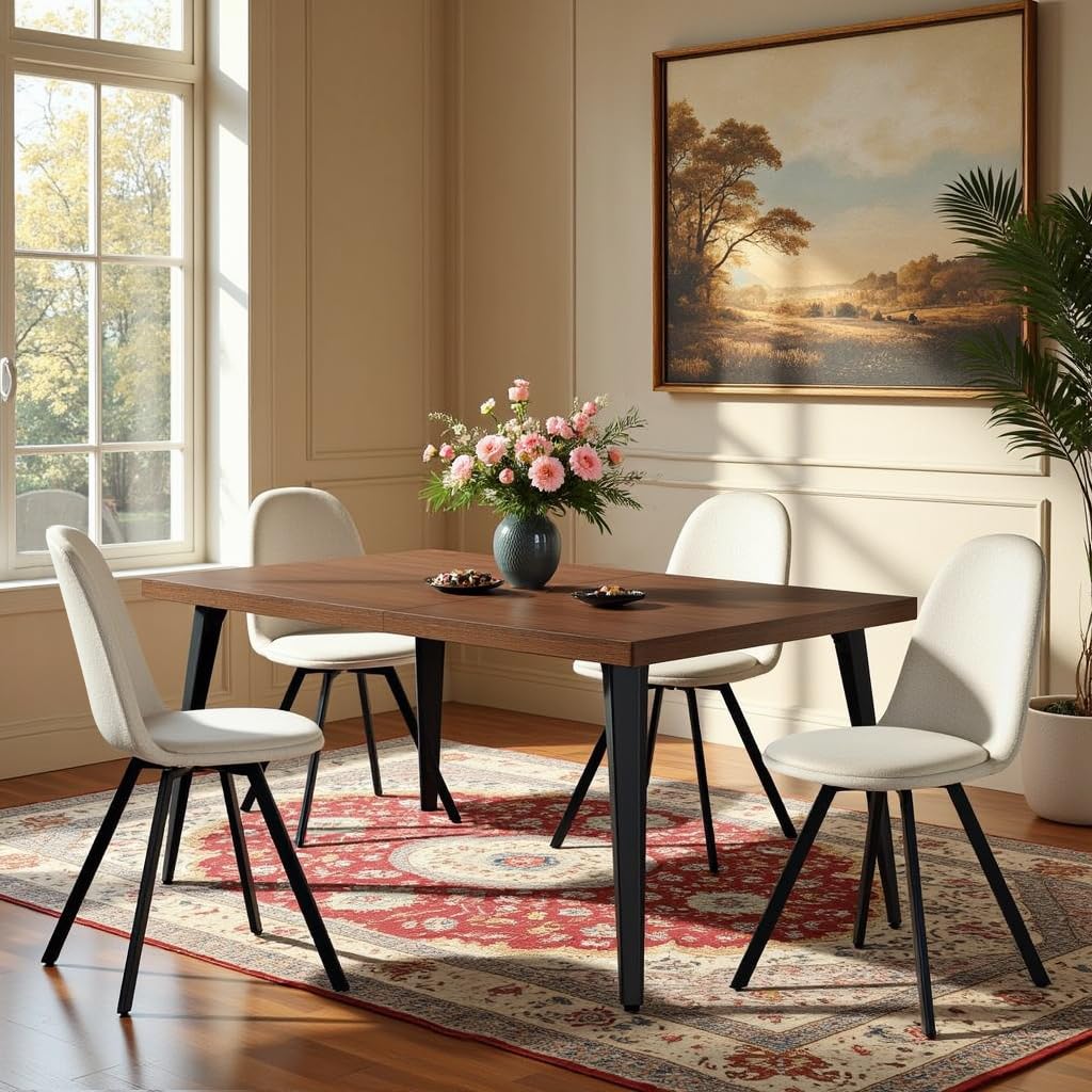HomyCasa 5-Piece Mid-Century Dining Set, 63" Rectangular Table & 4 Swivel Upholstered Chairs (Fabric/Suede), Sturdy Metal Frame, Perfect for Kitchen, Dining Room, Office, or Restaurant (Brown & White) Homy Casa