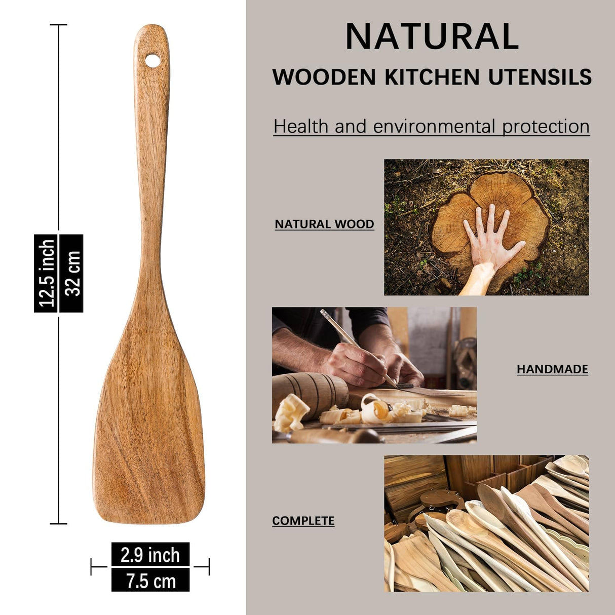 Hefild 2Pcs Curved Wooden Spatula for Cooking, 12.5inch Wood Turner for Frying, Non-Scratch Wood Flat Spurtle for Pan & Wok, Acacia Wooden Cooking Utensils for Non Stick Cookware, Long Handle Scraper Hefild