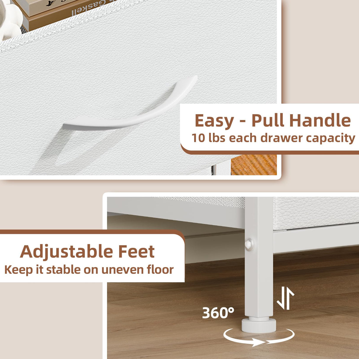 Somdot White Nightstand Set of 2, Small Dresser for Bedroom with 2 Drawers, Bedside Table Night Stand End Table with Fabric Bins for Bedroom Kids Closet Dorm Guest Room, White Leather Somdot