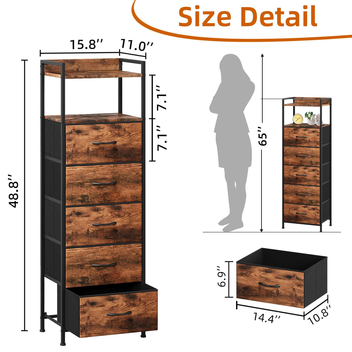 Somdot Tall Night Stand for Bedroom,Tall 5 Drawers Dresser, Vertical Storage Tower Unit, Nightstand Furniture with Fabric Drawer Organizer in Bedside Kids Room, Laundry Entryway, Wood Grain Print Somdot