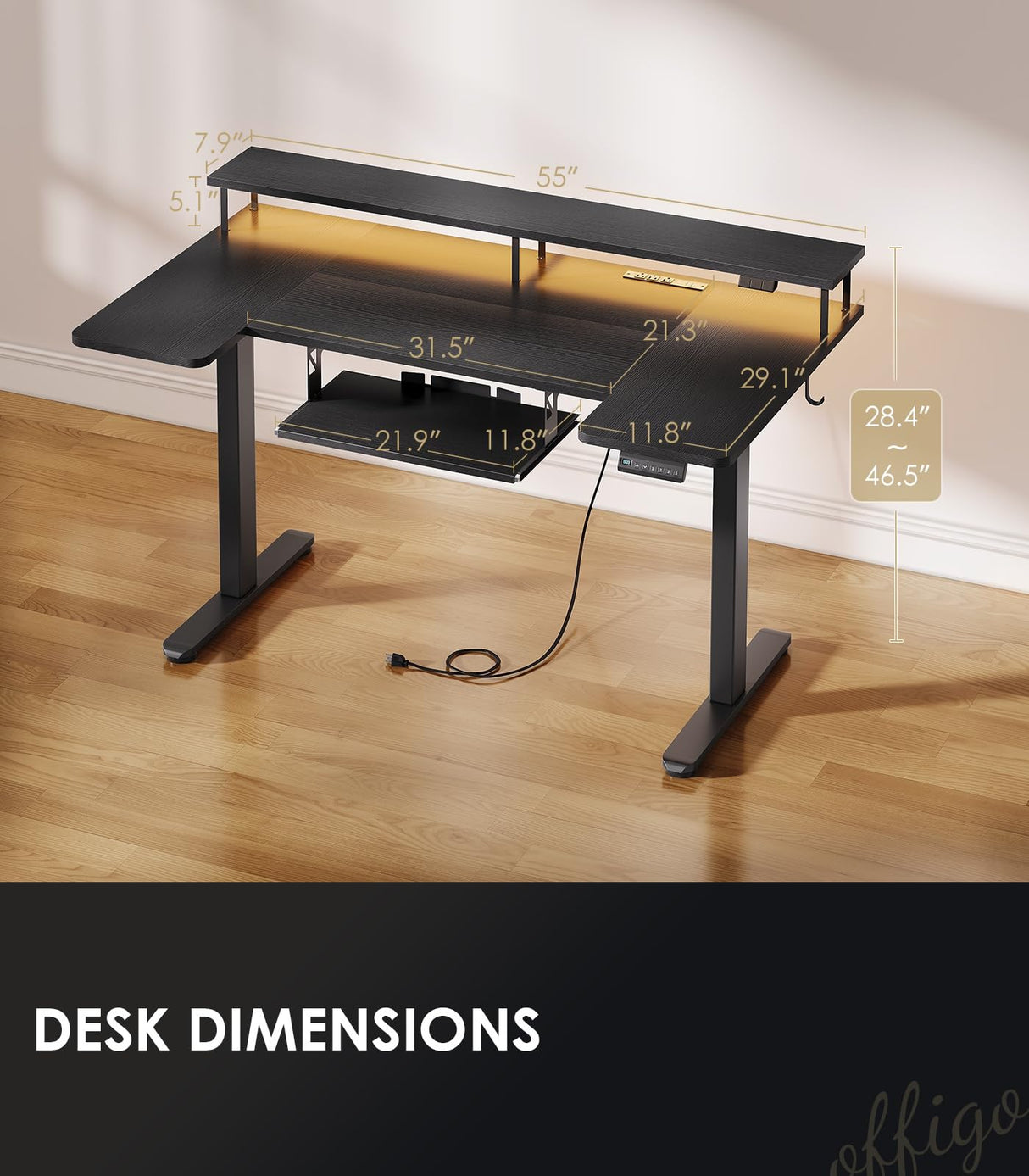 OffiGo U Shaped Electric Standing Desk with Keyboard Tray, 55 Inch Height Adjustable Desk with Power Outlets & LED Lights, Sit Stand Table with Monitor Stand for Home, Office, Black OffiGo