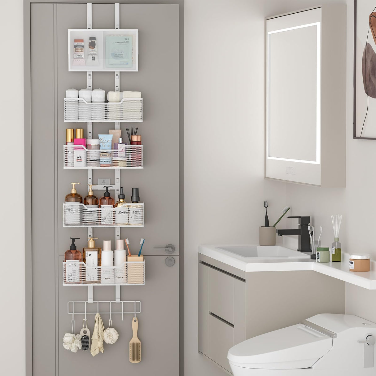 Hongtamoya Adjustable Over The Door Organizer, Hanging Door Storage with PVC Pocket and 4 Metal Baskets Wall Mount, Behind Door Rack for Bathroom Pantry Cabinet Bedroom Closet, White Hongtamoya