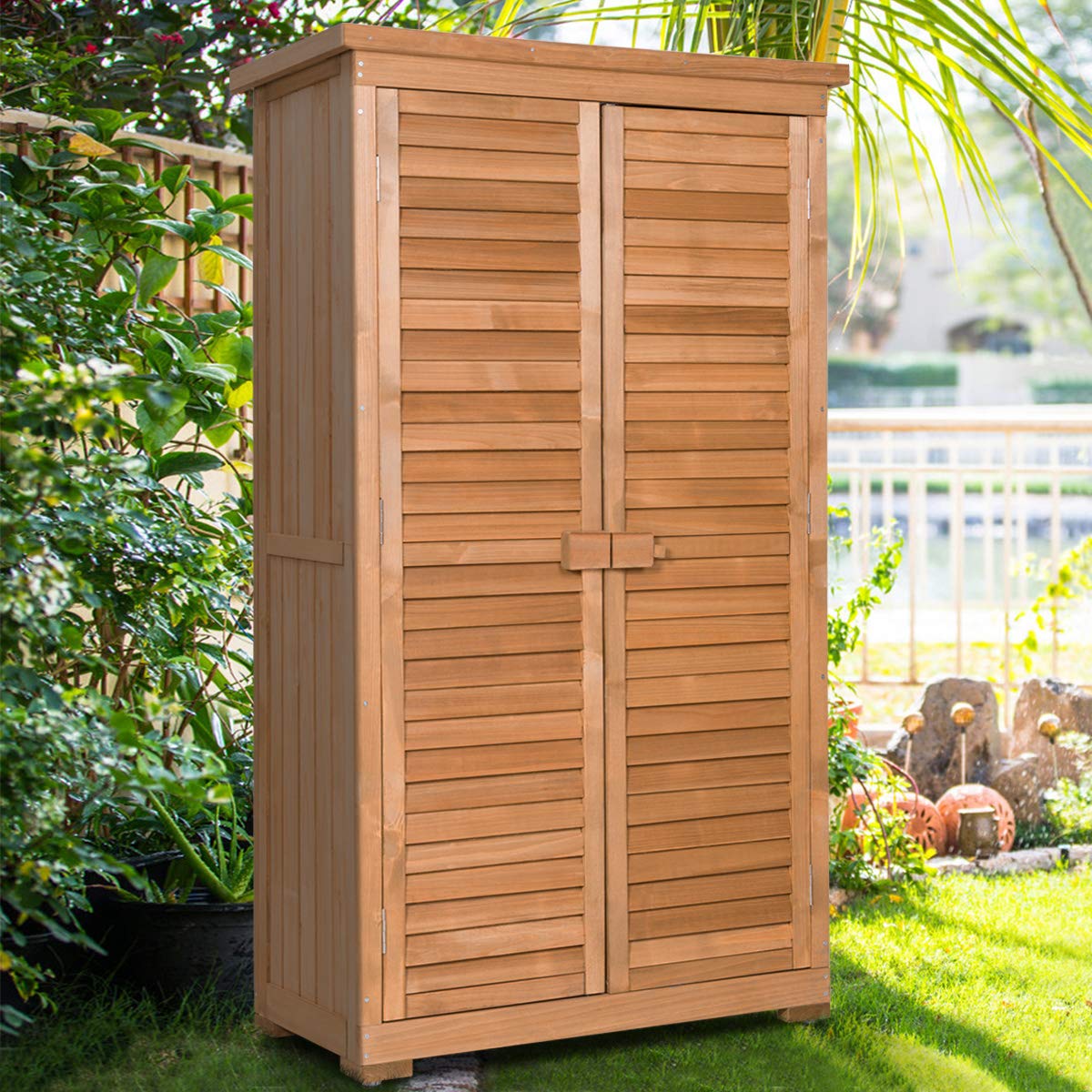 Goplus Outdoor Storage Cabinet, Wooden Storage Shed with Latch, Detachable Shelves & Weather Resistant Pitch Roof, Vertical Garden Tool Organizer for Outside Yard Patio Deck Goplus