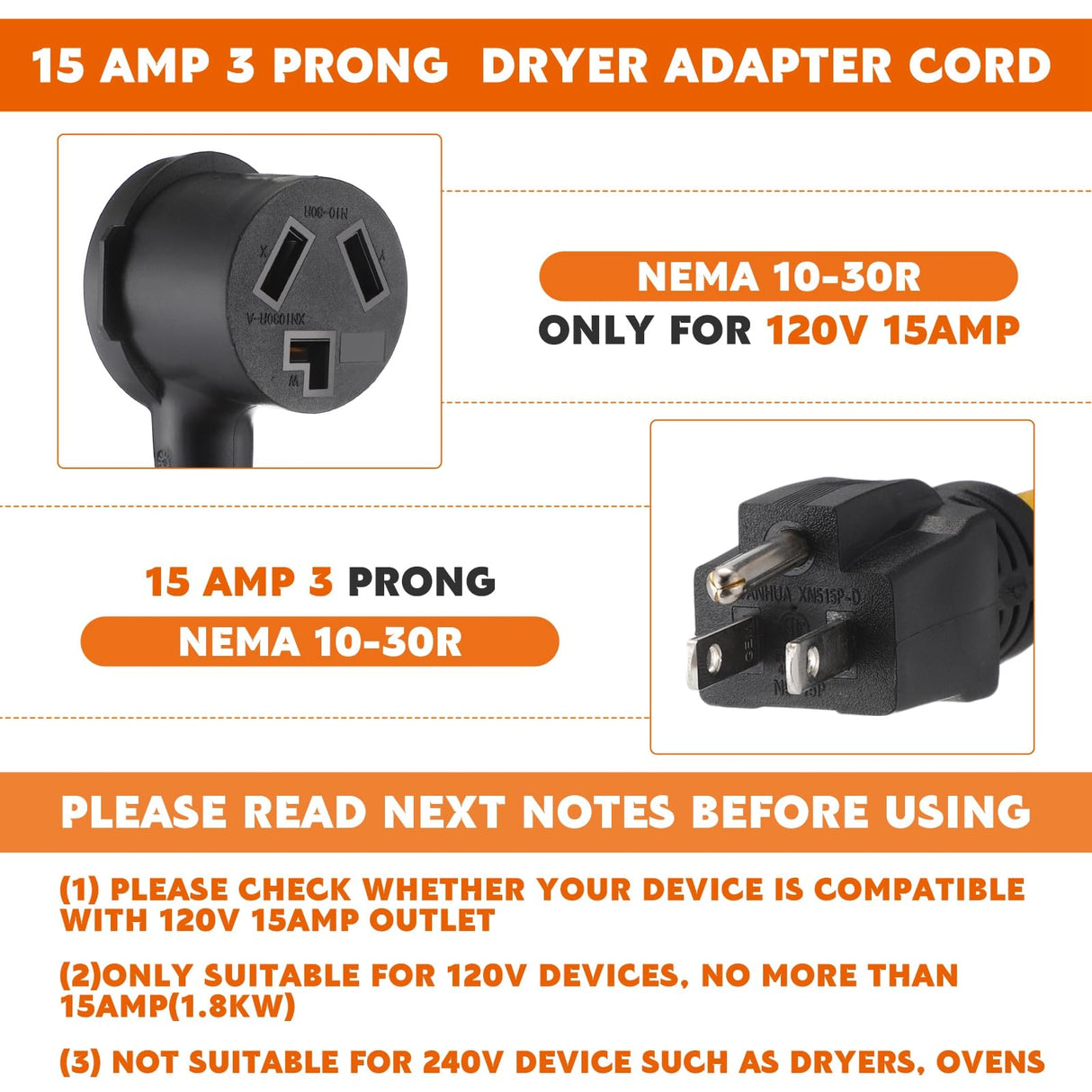Kanayu NEMA 5-15P to 10-30R 15Amp Dryer Adapter Cord Compatible Female Power Adapter 15 Amp 3 Prong Female Receptacle ONLY for 120V Device EV Power Cord, 12Inch long Kanayu
