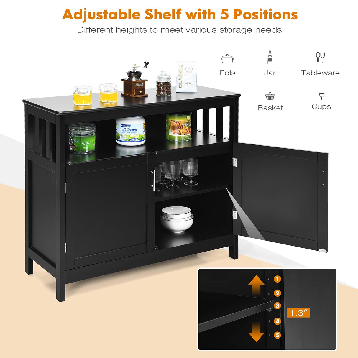Giantex Kitchen Buffet Sideboard, Wooden Storage Server Cupboard Cabinet, Dining Room Living Room Bar Furniture 2-Door Console Table w/ 5-Position Adjustable Shelf & Open Shelf Drawer Cabinets (Black) Giantex