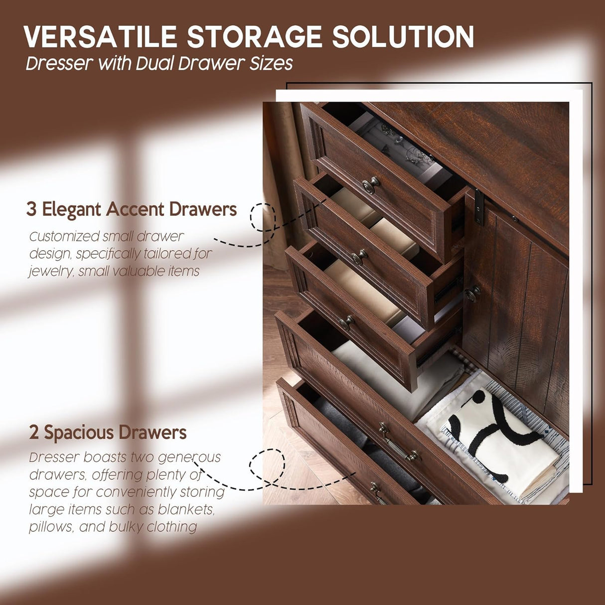 IFGET Farmhouse 5 Drawers Dresser for Bedroom, 47" Tall Chest of Drawers w/Sliding Barn Door, Rustic Wood Dressers Organizer w/Adjustable Shelves for Bedroom, Living Room, Kitchen, Brown IFGET