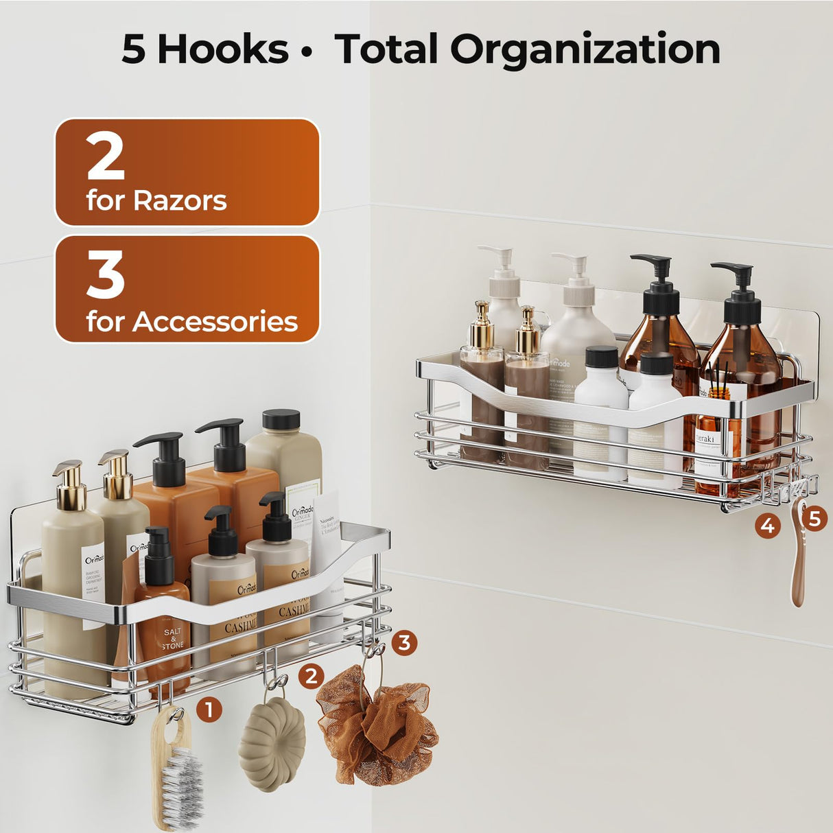Orimade Shower Caddy Basket Shelf with 5 Hooks Adhesive Organizer Storage Rack Rustproof Wall Mounted Stainless Steel No Drilling for Bathroom, Toilet, Kitchen - 2 Pack Orimade