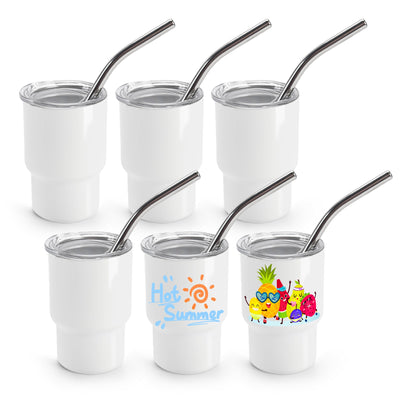 Joyclub 3 oz Mini Tumbler Shot Glass with Straw and Lid 6 Pack White Mini Cup Stainless Steel Sublimation Shot Tumblers for Wedding Party Whiskey Favors
