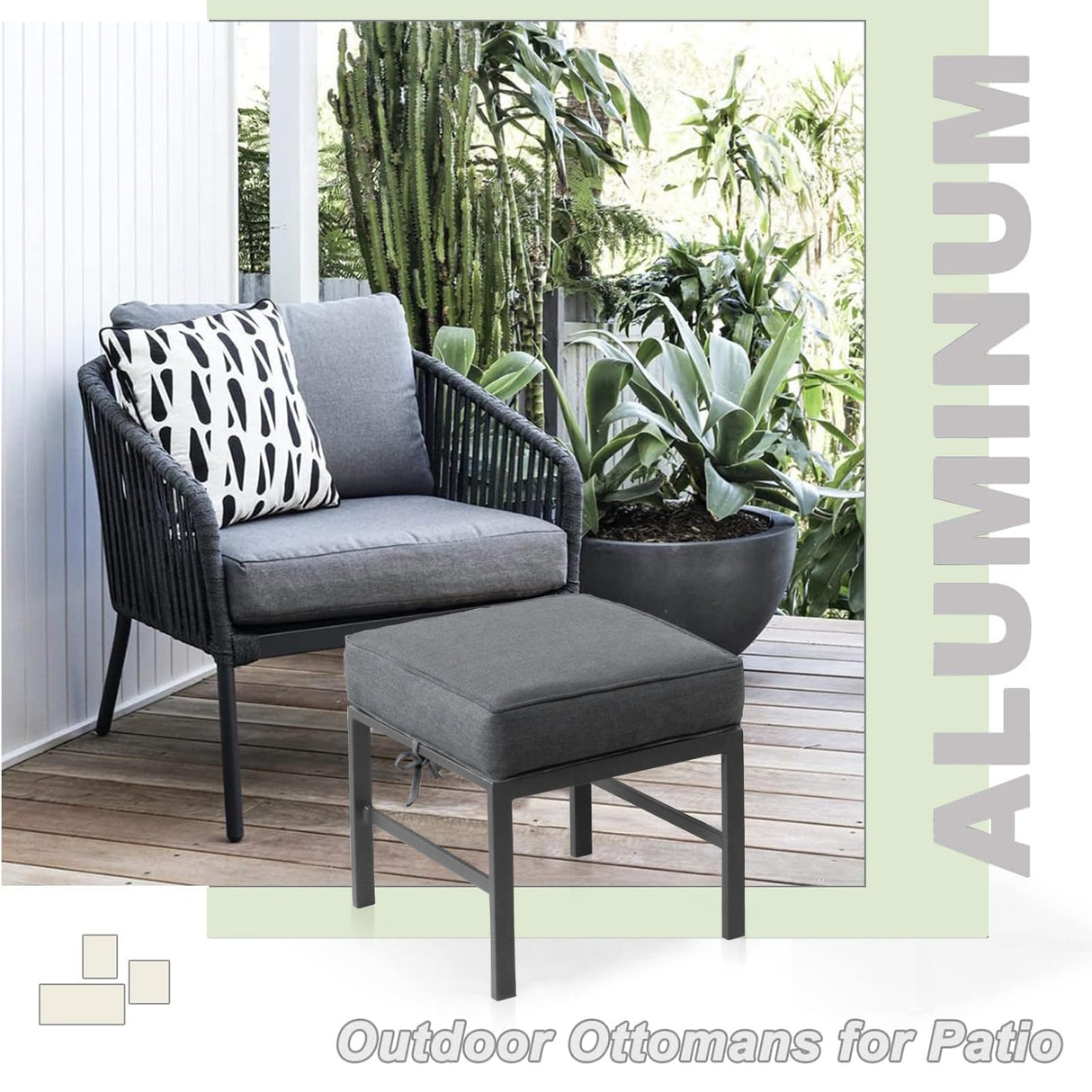 Auzfy 2 Pieces Outdoor Ottomans for Patio, No-Assembly Aluminum Outdoor Patio Footstool with Gray Cushions, Small Aluminum Patio Seat for Porch Yard Garden Deck, Grey Frame Auzfy