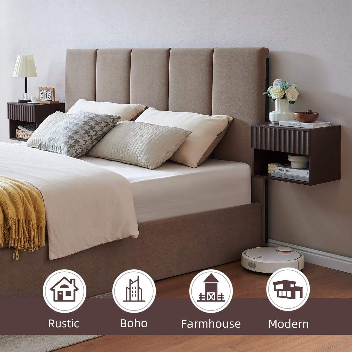 BuildHom Floating Nightstand with Fluted Drawer - Modern Wall Mounted Bedside Table with Open Storage Shelf, Small Night Stand TV Stand for Bedroom(Espresso) BuildHom