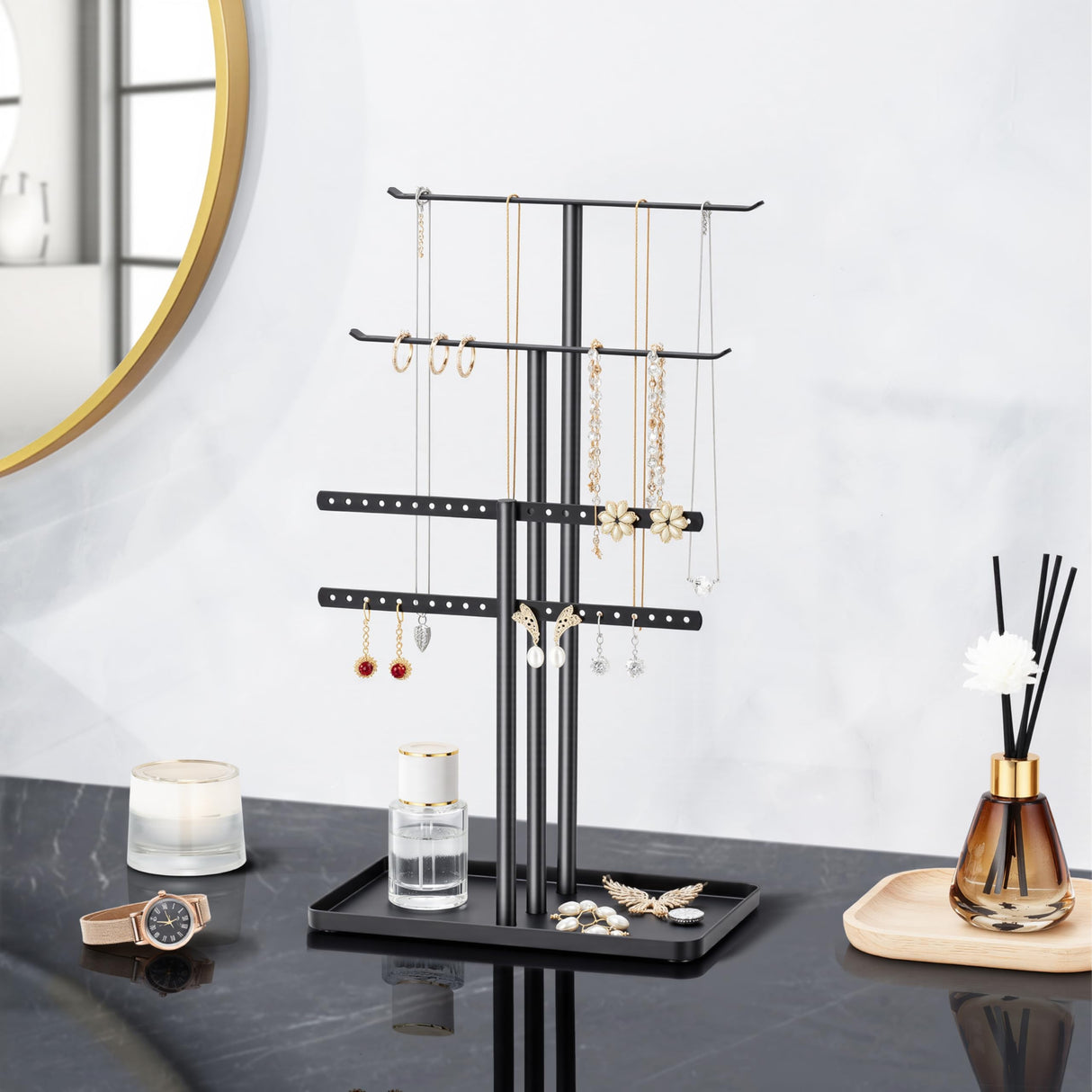 pickpiff Jewelry Stand Organizer, 14.5" Tall Sturdy Metal, 3-Tier Jewelry Holder for Necklace, Earring, Bracelet, Ring, Hanger for Display and Storage, Aesthetic Room Decor, Black pickpiff