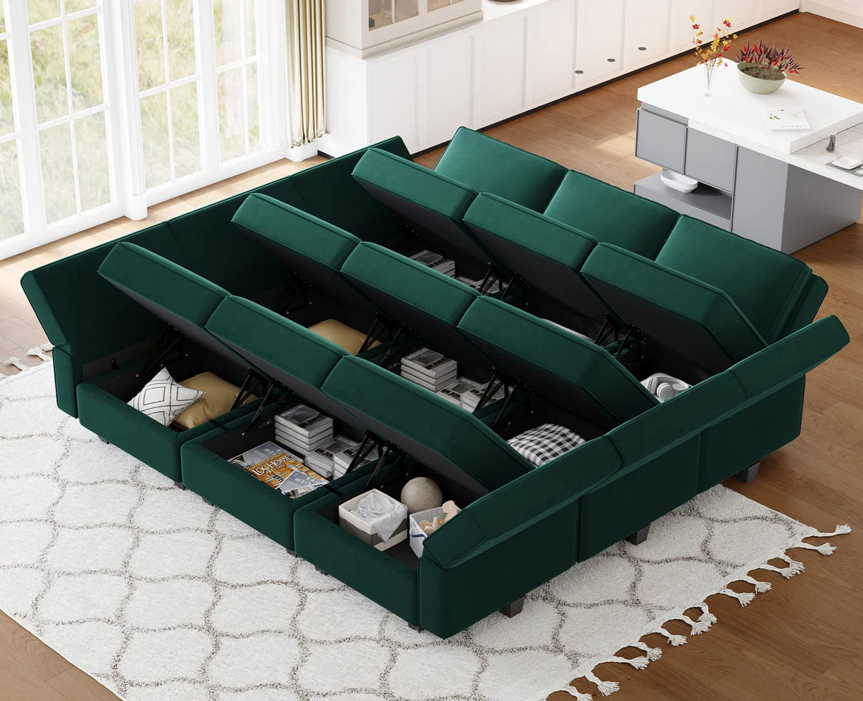 Belffin Modular Sectional Sofa with Ottomans Velvet Reversible Sleeper Sectional Sofa with Chaise Modular Sleeper Sofa Bed with Storage Seat Green Belffin