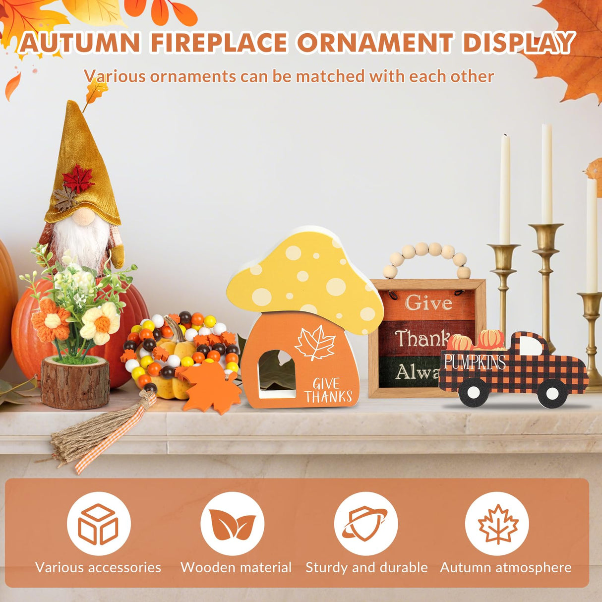 7 pcs Thanksgiving Tiered Tray Fall Decor Set, Gnome Truck Thanksgiving Wood Plaque Wooden Bead String Decorations, Fall Decorations for Home Kitchen Fireplace Farmhouse Office Fall Decoration Fiarbrty