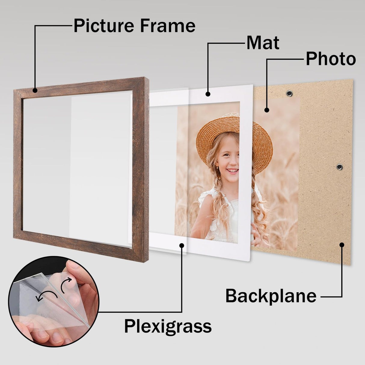 ORIVAN 10x10 Picture Frame Wood Display Picture 8x8 with Mat or 10x10 without Mat Distressed Brown Square Photo Frame for Wall and Tabletop Decoration ORIVAN