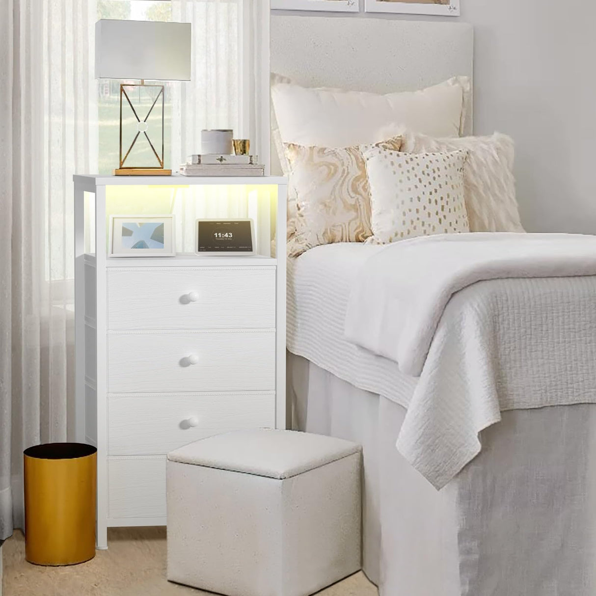 BOLUO Tall Night Stand with Drawers, White Nightstand with Charging Station and LED Light, Small White 4 Drawer Dresser for Bedroom, Room Storage Closet BOLUO