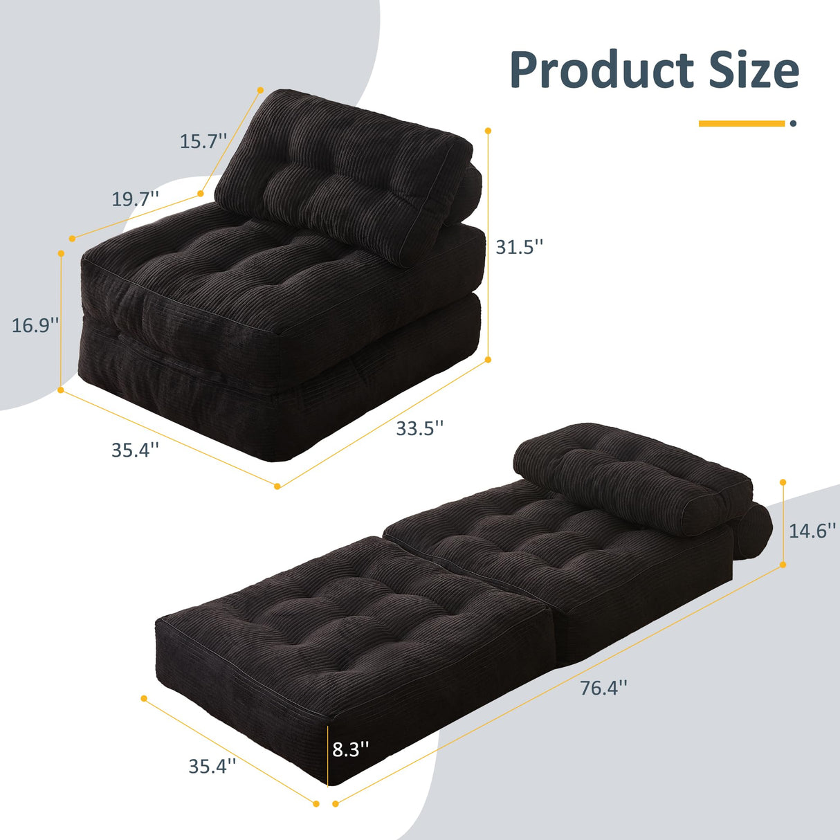 Afuson Folding Chair Bed, Futon Sofa Bed for Bedroom and Living Room, Convertible Floor Couch for Small Spaces, Black Afuson