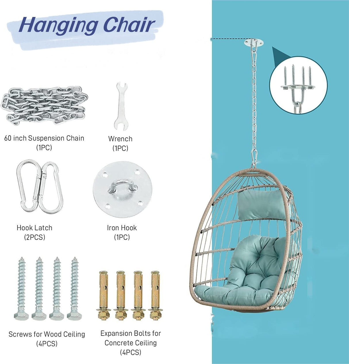 BRIGHTREE Wicker Egg Chair Without Stand,Indoor Outdoor 360 Swivel Hanging Egg Chair Rattan Patio Basket Chair no Stand Foldable Hammock Egg Chair with Cushion for Bedroom Balcony BRIGHTREE