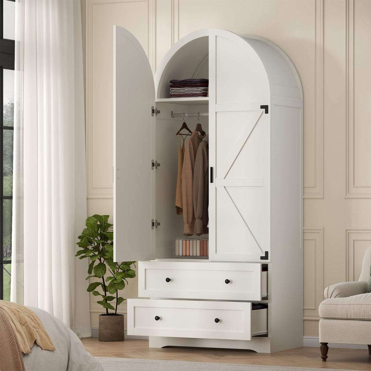 Gyfimoie 74.8" White Armoire Wardrobe Closet with 2 Drawers and 2 Doors, Tall Bedroom Freestanding Armoire Storage Cabinet with Shelves, Wood Large Wardrobe Combination for Hanging Clothes (White) Gyfimoie
