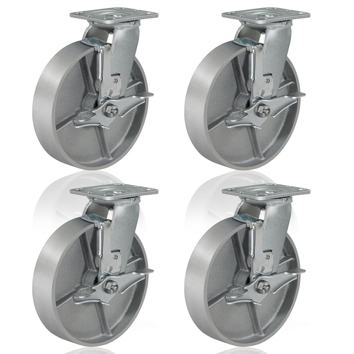 CWfutureparts 8" x 2" Caster Wheels, Heavy Duty Industrial Casters, Brake Caster Wheels with Roller Bearing - Semi Steel Cast Iron Wheels - 5200 Lbs Capacity Per Set of 4 CWfutureparts