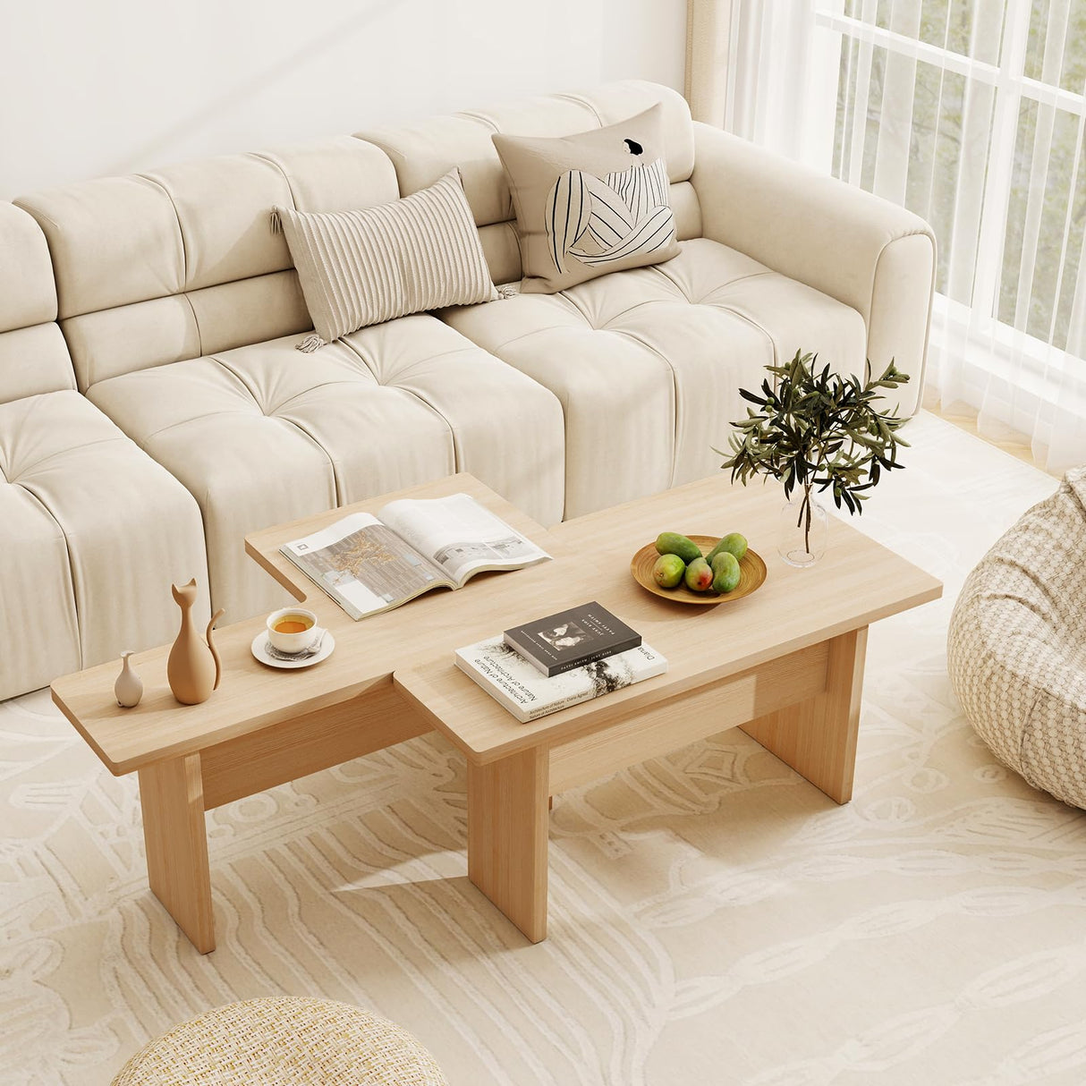 Giantex L-Shaped Coffee Table Set of 2, Modular Nesting Center Table with Grain Finish, Mid Century Modern Living Room Tables for Small Spaces Apartment (Oak) Giantex