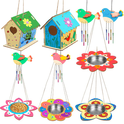 Fennoral 12 Pack Bird House Craft Kit for Kids Make You Own Bird Wind Chime Kit DIY Build and Paint Wooden Birdhouses Bird Feeder Art and Craft for Spring Yard Garden Outdoor Decoration