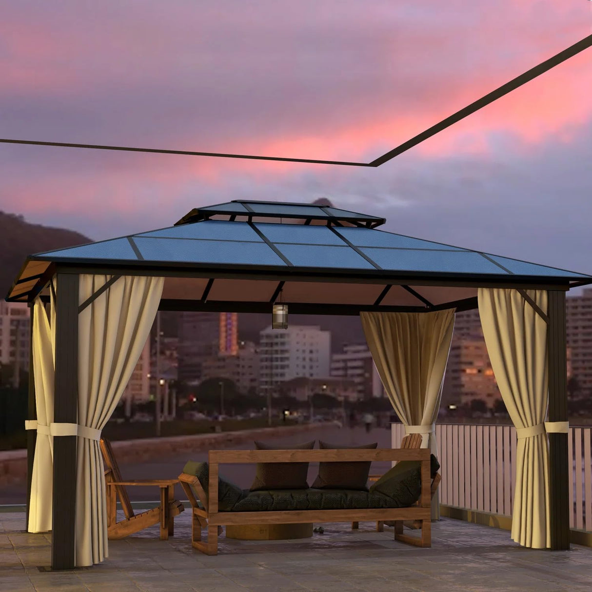 Jolydale Hardtop Gazebo, 10FTx12FT Polycarbonate Double Top Canopy, Aluminum Frame Permanent Pavilion with Curtains and Netting, for Lawns, Patios, Gardens Jolydale