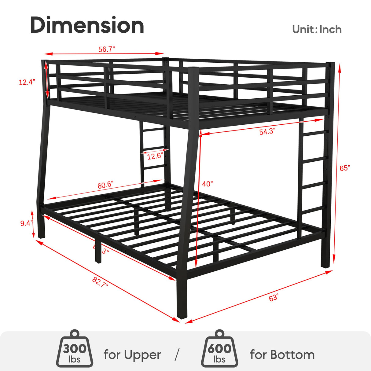 Olodumare Metal Full XL Over Queen Bunk Bed for Kids & Adults with Extra Thick Support Columns & Higher Guardrail, 2 Ladders, Squeak-Free, Heavy Duty, No Box Spring Needed, Easy Assembly, Black Olodumare