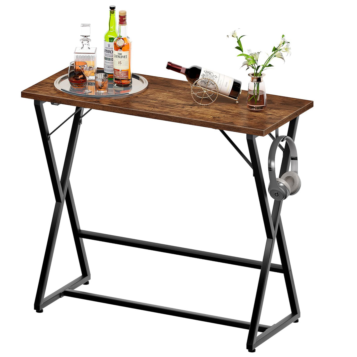 HOOBRO 39.4 Inch Bar Table, Counter Height Rectangular Bar Table, Pub Dining Table, Metal Frame with Footrest and 2 Hooks, for Narrow Space, Bistro and Living Room, Rustic Brown and Black BF67BT01 HOOBRO