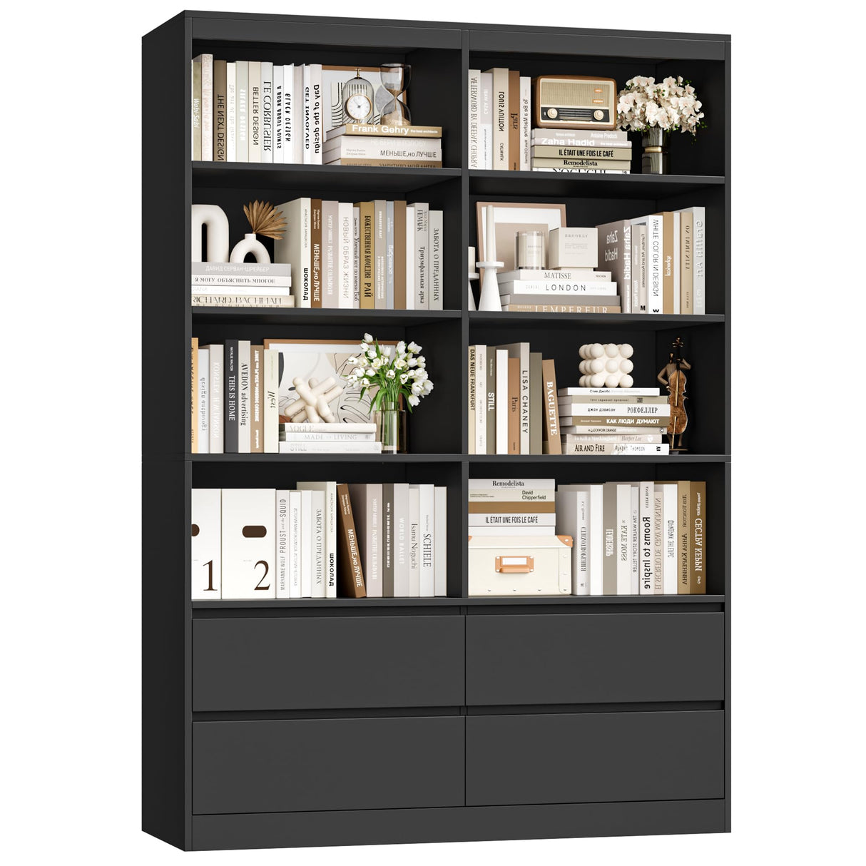FINETONES 71" Black Bookshelf with Drawers, 47.3" Double Wide Bookshelves and Bookcases with Storage, Tall Bookshelf Large Open Book Shelf Standing Book Case for Home Office, Black FINETONES
