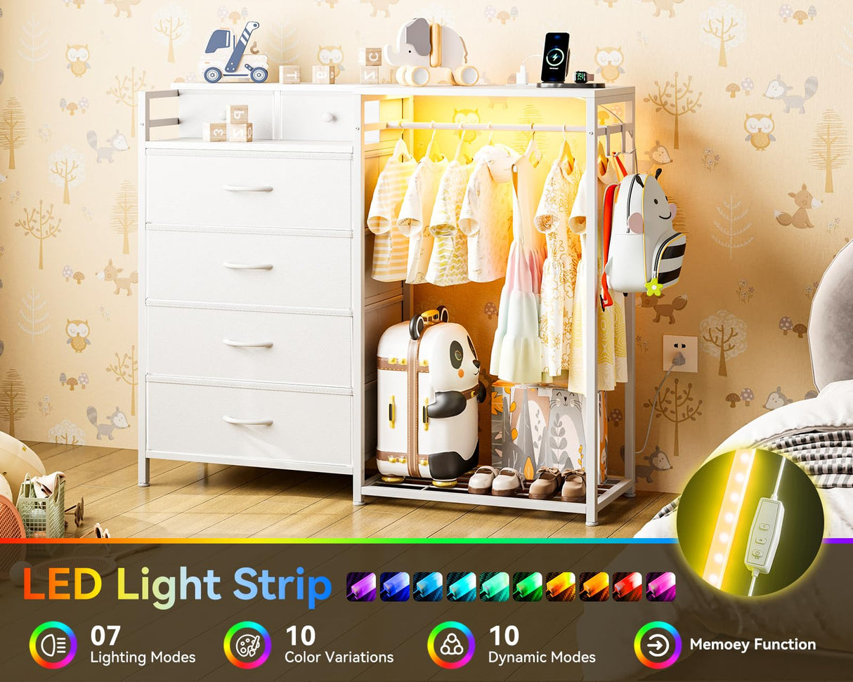 KKL 43" W White Dresser for Bedroom with Hanging Rack, Reversible 6 Drawers Dresser with Led Lights & Charging Station, Fabric Closet Dressers & Chest of Drawers with Clothes Rack for Girls, Kids KKL