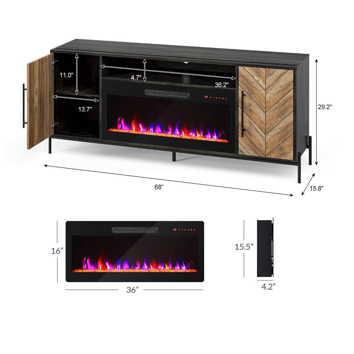 BELLEZE 68" TV Stand with 36" Electric Fireplace Heater, Entertainment Center with Storage Cabinet, Console Table for TVs up to 75" for Living Room, Bedroom - Harper (Black Ebony) BELLEZE