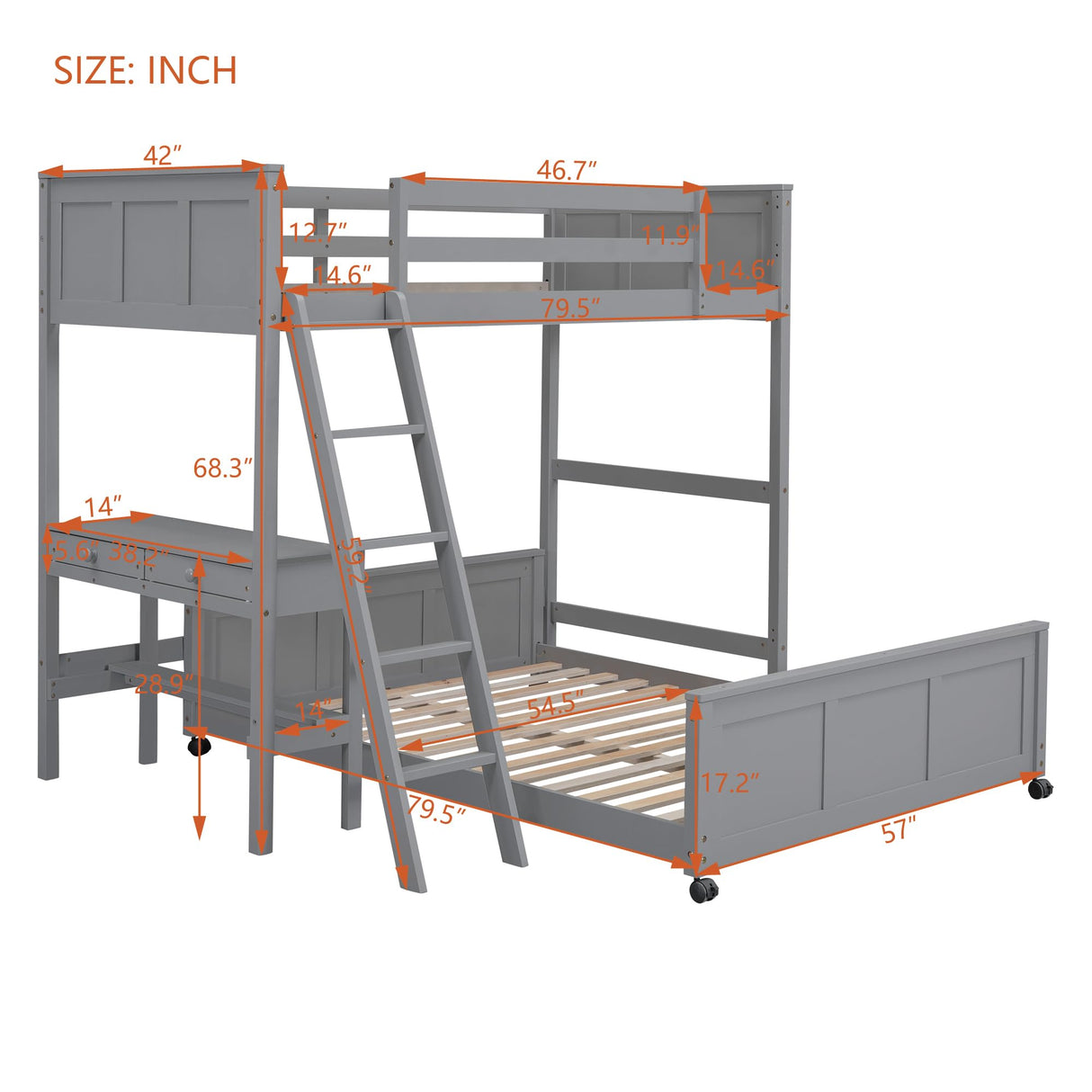 Merax Twin Over Full Bunk Bed with Desk,Wood Loft Bed Frame Saving Space for Boys,Girls,Teens,Grey Merax