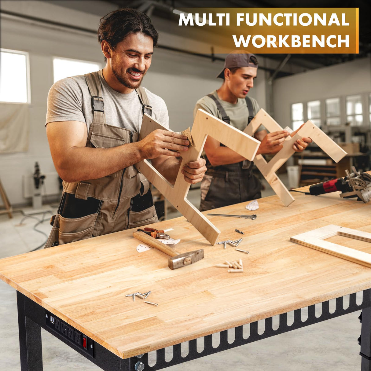 48" Height Adjustable Workbench, 2000 LBS Load Capacity Rubber Wood Top Workstation with Power Outlet and Foot Pads, Heavy-Duty Hardwood Worktable for Garage Workshop (with foot pads and socket,48'') GVGBUK