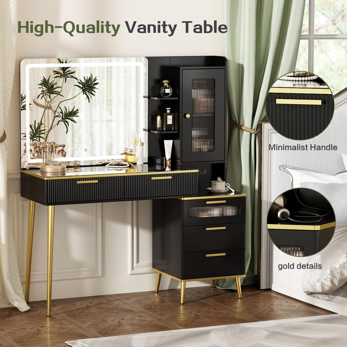 Chrangmay 47.24" Big Modern Vanity Desk with Mirror and Lights,Makeup Vanity Desk with 5 Drawers and Storage Shelves & Power Outlet,Dressing Table with Glass Top, Black Chrangmay