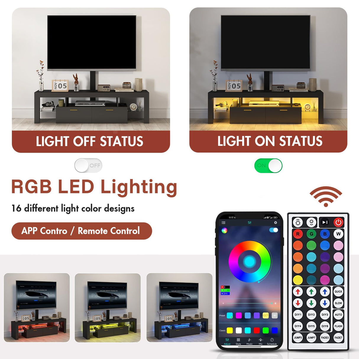 Redkey Modern TV-Stand with Mount - TV Console with 2AC Outlets - Television Stands with RGB Led Light for 70 75 80 Inch TVs - Double Cabinet - Open Glass Shelves - Pure Black Redkey