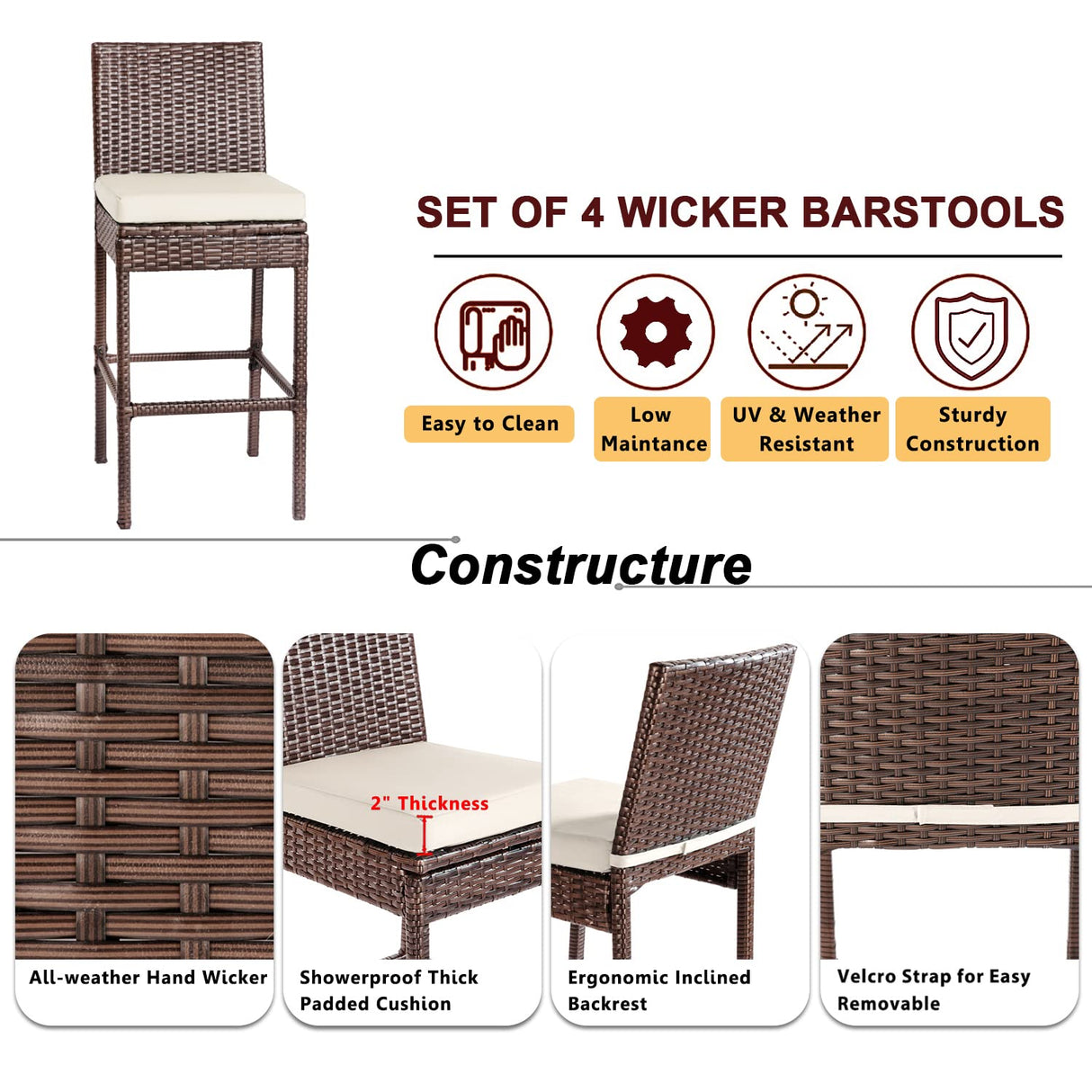 Outdoor Bar Stools Wicker Woven Patio Stools & Patio Bar Chairs Set of 4 Counter Bar Height Stools with Footrest Armless Cushion Beige All Weather Rattan Garden Stool for Pool Lawn Porch Backyard Patio Novagarden