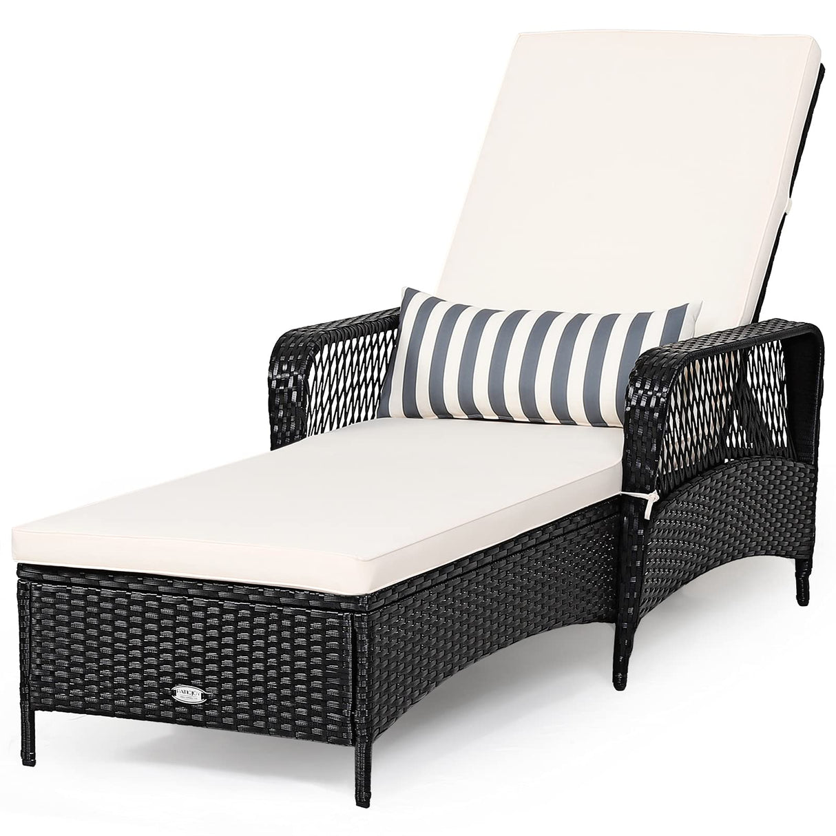 Tangkula Patio Wicker Chaise Lounge Chair, Outdoor Rattan Reclining Chaise w/ 6-Gear Adjustable Backrest, Thick Padded Cushion & Removable Lumbar Pillow, Ideal for Lawn, Beach, Balcony (Black) Tangkula