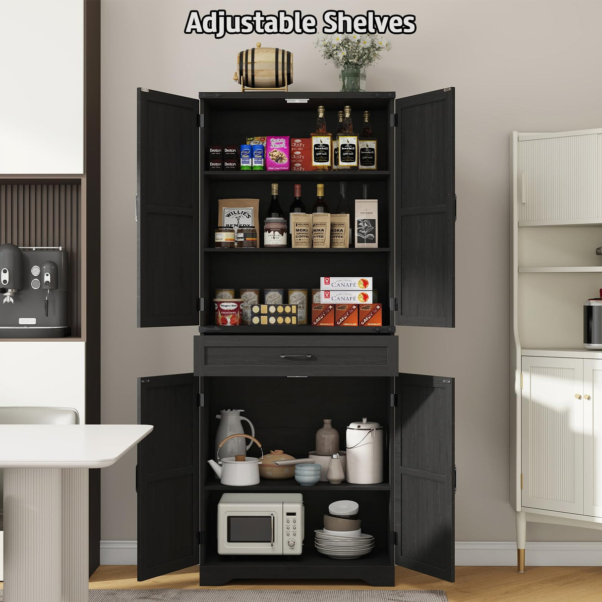 72" Tall Kitchen Pantry Storage Cabinet, Farmhouse Storage Cabinet with Organizer, Large Capacity Storage Cabinet with Drawer,Freestanding Cupboard for Kitchen, Dining Room, Living Room, Black Halitaa