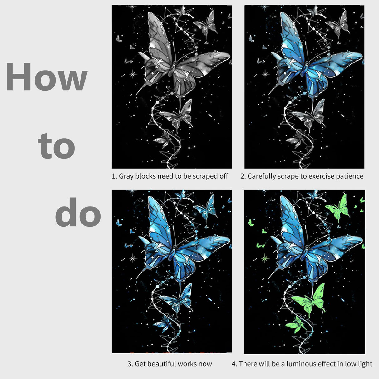 M MUGIT 8 Sheet Scratch Art Noctilucent Rainbow Painting Paper with Pen/Cleaning Brush, Glow in The Dark Engraving Scratchboard(A4) for Kids & Adult, ASMR Sketch Card Relaxing Toy (Butterfly/Dolphin) M MUGIT