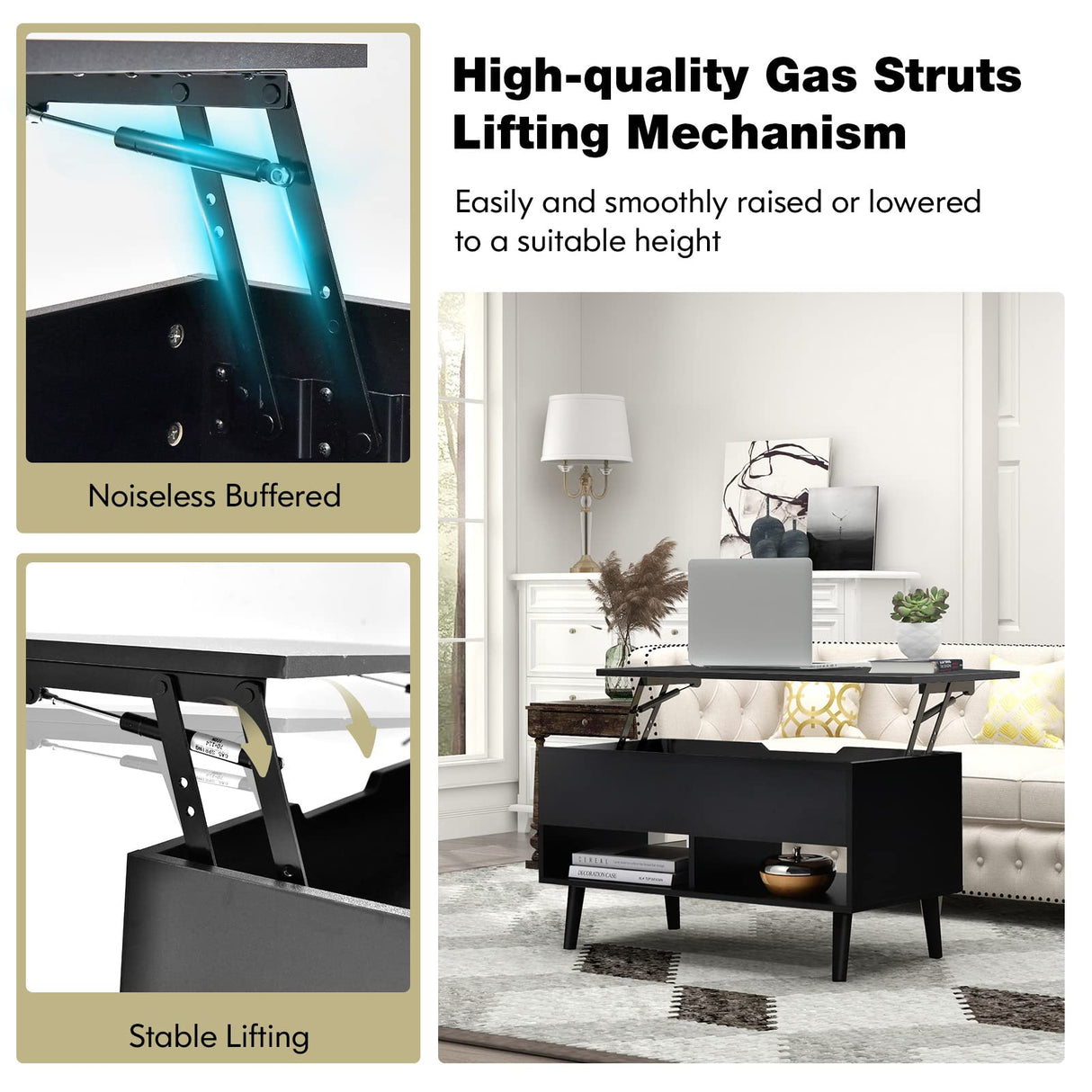 Tangkula Lift Top Coffee Table, Modern Cocktail Table with Hidden Compartment & 2 Open Shelves, Flip Top Center Table, Wooden Pull up Coffee Table for Living Room, Reception Room, Office (Black) Tangkula